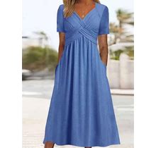 Women Casual Long Dress Elegant Plain Sweetheart Neckline Fit & Flare Maxi Dress Blue/L