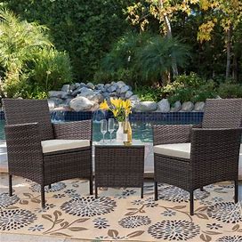 Homall 3 Pieces Patio Porch Furniture Sets PE Rattan Wicker Chairs With Table Outdoor Garden Furniture Sets - Brown/Beige
