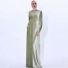 Avocado Green Vertical Striped Sequin Long Sleeve Velvet Maxi Dress