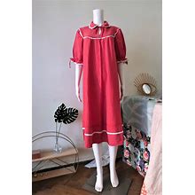 Vintage Raspberry Pink Prairie Midi Dress With Peter Pan Collar Puff Sleeves Bib Front And Broderie Lace Trims 1980S 80S