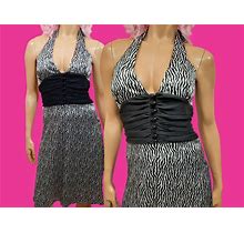 Y2K Satin Zebra Print Sleeveless Halter Dress Size S Black White Deep V