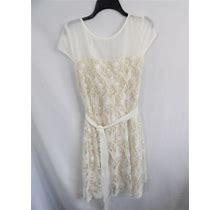 Danny & Nicole Fit And Flare Cream Floral Lace Dress Cap Sleeve Tie Belt Size 14