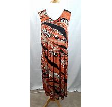 Serengeti Womens XL Orange Brown Aztec Tribal Midi Dress Stretch Sleeveless Boho