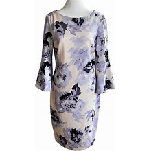 Calvin Klein Dresses | Calvin Klein Dress Size 8 Purple Cream Floral Sheath Midi Bell Sleeves | Color: Cream/Purple | Size: 8