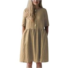 Casual Dresses For Women Half Sleeve Vintage Cotton Linen Dress Button Down Baggy Knee Length Dress With Pockets