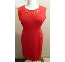 CALVIN KLEIN DRESS Sz 14 RED PONTE SLEEVELESS ATTACHED GOLD NECKLACE SHEATH-NWT