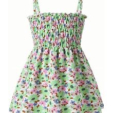 Baby Girls Dress, Fashion Flower Print Boho Style Princess Dress, Children's Strap Dress,Green,Trending,Temu