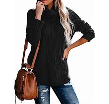 MEROKEETY Womens Turtleneck Cable Knit Sweater Long Sleeve Chunky Pullover Jumper Tops Black