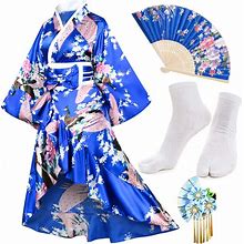 Elibelle Women's Kimono Robe Geisha Yukata Sweet Tuxedo Ruffle Dress Blossom Satin Bathrobe Sleepwear Fans Tabi Socks Set