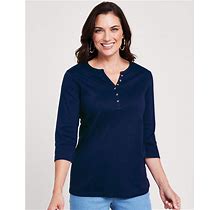 Blair Women's Essential Knit Three-Quarter Sleeve Henley. - Blue - M - Misses