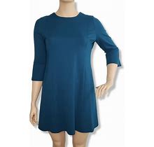 J Jill Ponte Knit Sheath Dress Womens Large Blue Petite Three Quarter Sleeve