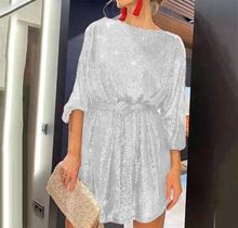 Levmjia Summer Dresses Elegant For Women Petite Women's Fashion Crewneck Sequin Long Sleeve Solid Mini Dress Formal Dress White