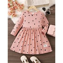 Young Girl Heart Print Ribbed Dress,6Y