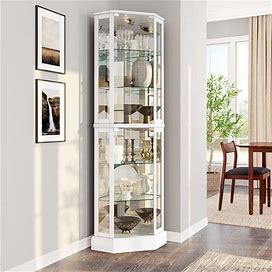 BELLEZE Lighted 3-Side Glass Display Curio Cabinet With Tempered Glass Doors And Shelves, Curved Wood Corner Cabinet With Bulb, Corner Curio Storage