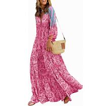 Acelitt Women Casual 3/4 Sleeve V Neck Floral Boho Maxi Dress, S-XL