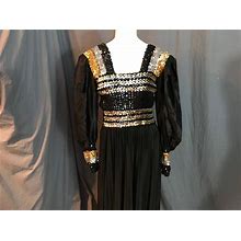 Vintage 1970'S Long Black Gold And Silver Sequin Dress L