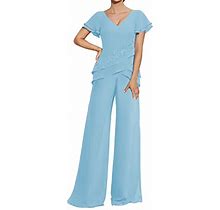 ISABUFEI Jumpsuit/Pantsuit Mother Of The Bride Dresses Lace Appliques Mother Of The Bride Pants Suits For Wedding Party Dresses Pool US2