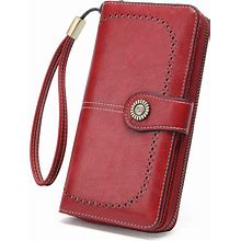 JJUQ Womens Wallet Leather Large Capacity Card Holder Zipper Wristlet Wallets For Women-Liquor Red