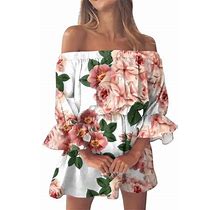 Summer Dresses 2023 Trendy Vintage Floral Print Off Shoulder Tunic Loose Fit Bell Sleeve Mini Floral Maxi Dress With Sleeves Petite Pink L