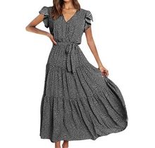 Tagold Summer Dresses For Women 2022, Fashion Women Summer Short Sleeve Sexy Casual Bandage Pleated Print Long Dress Black XXL