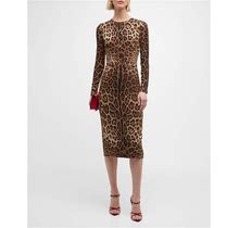 Dolce&Gabbana Leopard-Print Long-Sleeve Midi Dress, Lightbrown, Women's, 10, Cocktail & Party Wedding Guest Dresses Long-Sleeve Dresses