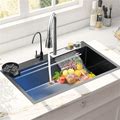 29.5" Waterfall Kitchen Sink, TTG 304 Stainless Steel Kitchen Sinks, Multifunctional Black Kitchen Sink With Pull-Out Faucet And Accessories(29.5