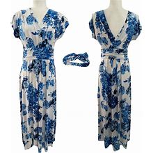 IMAN Maxi Dress Smocked Waist W Head Wrap 20W-22W Petite 2X Blue Floral 692-183