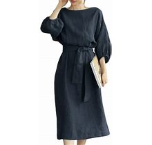 Niuer Women Dress 3/4 Sleeve Midi Tie Waist Boho Dresses Flowy Cotton Linen Dark Blue M