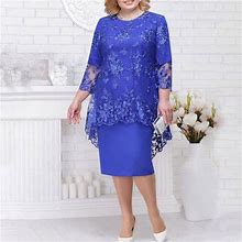 Kscykkkd Dresses For Women Round Neckline 3/4 Sleeve Floral Twofer Dresses Mid-Length Fashion Twofer Dresses Blue XL