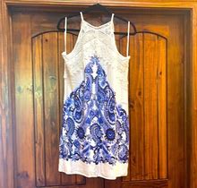 Venus Dresses | Venus- Worn Once- Blue & White Floral Print Halter Dress With Lace. Size M | Color: Blue/White | Size: M