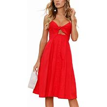 Women's Dresses Summer Tie Front V-Neck Spaghetti Strap Button Down A-Line Backless Swing Midi Dress, Mid-Length Button Dress
