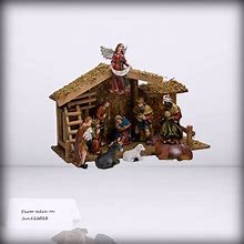 Kurt Adler - 12-Piece Wooden Stable Nativity Set, Brown