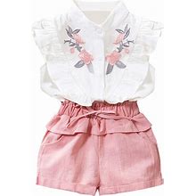 Oklady Toddler Girl Clothes Ruffle Floral Embroidery Shirt And Shorts Set