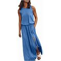 Ovbmpzd Women's Sexy Summer Casual Sleeveless O-Neck Solid Slit Maxi Dress With Pockets Sky Blue 4XL