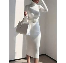 Solid Color Turtleneck Bodycon Long Sleeve Dress,M