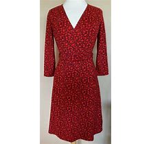 Lands End Fit Flare Dress Faux Wrap 3/4 Sleeves Knee Length Red Maroon