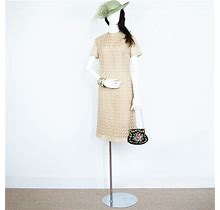 Vintage 60S Beige Embroidered Sheathed Midi Dress Short Sleeves Size M UK 14