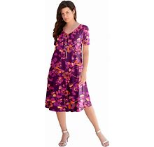 Roaman's Women's Plus Size Petite Ultrasmooth Fabric V-Neck Swing Dress - 26/28, Pink