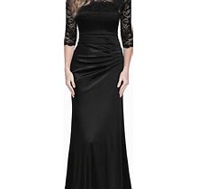 Solid Color Crew Neck Contrast Lace Evening Dress, Prom Dress, Formal Dresses, Women's Pleated Elegant Sleeve Maxi Women's,Black,Affordable,By Temu