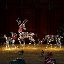 MZEER 3 Pieces Metal Lighted Christmas Deer Family Set, Light Up Reindeer Yard Decorations, Rattan Grazing Reindeer With Lights For Indoor Or Outdoor
