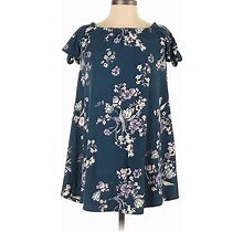 Derek Heart Casual Dress - A-Line High Neck Short Sleeves: Blue Floral Dresses - Women's Size Small