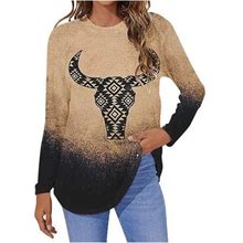 Women Long Sleeve Ethnic Blouses O-Neck T-Shirts Casual Retro Aztec Print Tunic Tops Western Shirts For Lady