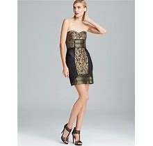 $455 Nicole Miller Black Gold Embroidered Panel Leather Sheath Dress 4