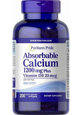 Puritan's Pride Absorbable Calcium 1200 Mg Plus Vitamin D3 25 Mcg | 200 Rapid Release Softgels