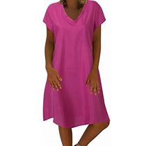 Manxivoo Womens Dresses Womens Fashion Dress Solid Color Short Sleeve V Neck Mid Length Dress Party Dress Hot Pink