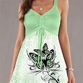 Butterfly Print Ruched Bust Cotton Dress, Women's Elegant Sleeveless Women's Clothing Backless Dress,Green,Trending,Temu