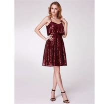 A Line Burgundy Spaghetti Strap Sequin Short Prom Dress With Ruffle