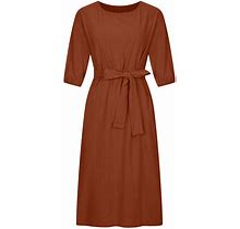 Ladies Midi Dress Cotton Linen Casual 3/4 Sleeve Women Dresses Holiday