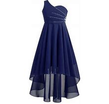 Yonghs Kids Girls Shiny Rhinestones Beaded Party Dress One Shoulder High Low Hem Dance Prom Gown Navy Blue 10
