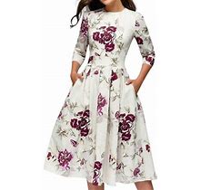 Yubnlvae Dresses For Women Elegent A-Line Vintage Printing Party Vestidos Dress - White L